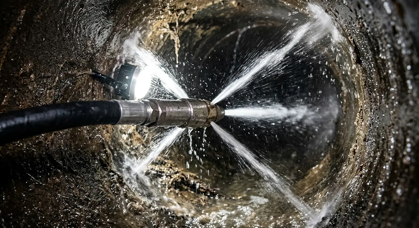 High-pressure hydro jetting nozzle cleaning sewer pipe for Emergency Drain Service in Palmetto Estates