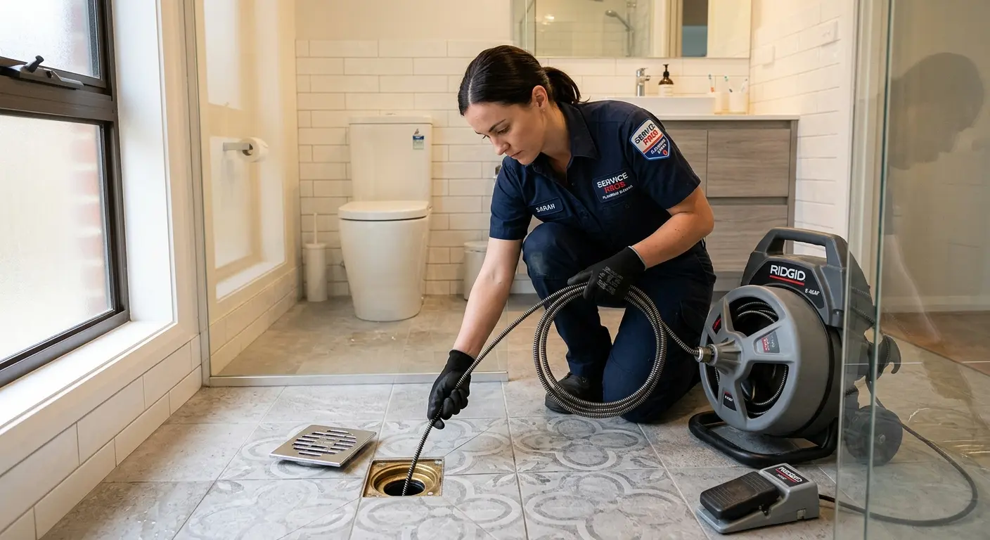 Technician clearing a bathroom floor drain for Drain Cleaning in Palmetto Estates